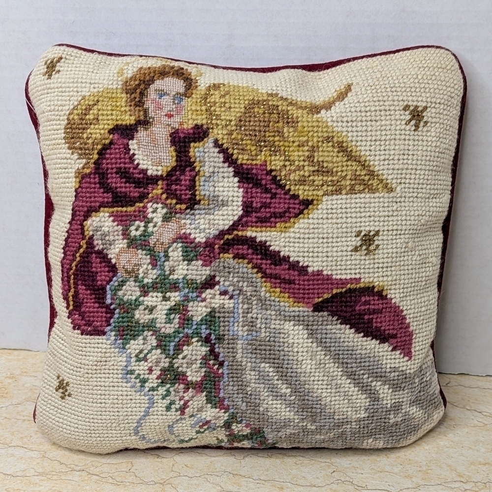 Vintage Style Needlepoint Christmas Holiday Angel Small Wool Pillow NWT